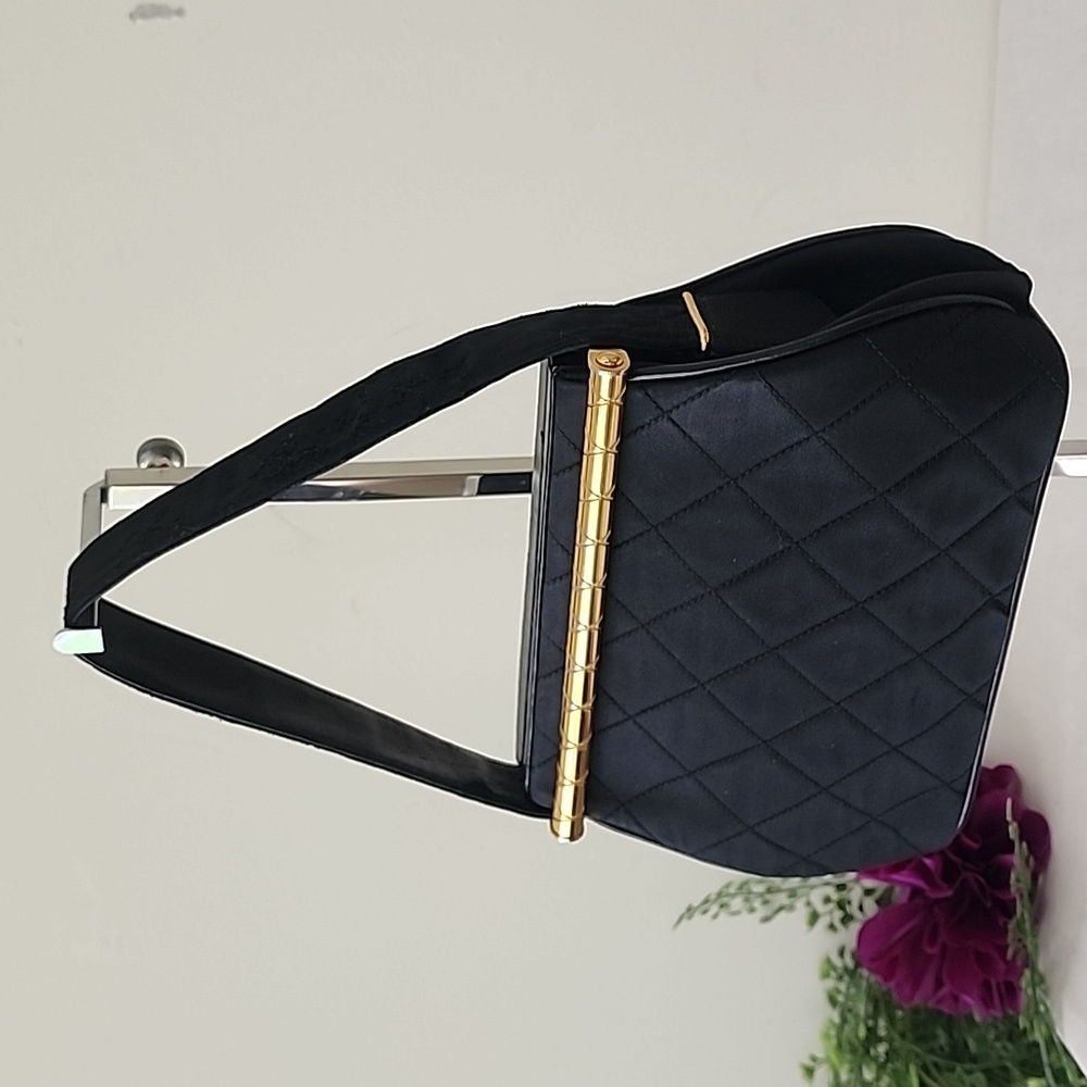 RARE Vintage Chanel Quilted Satin & Leather Frame Bag 24K Gold Bar Top Handle